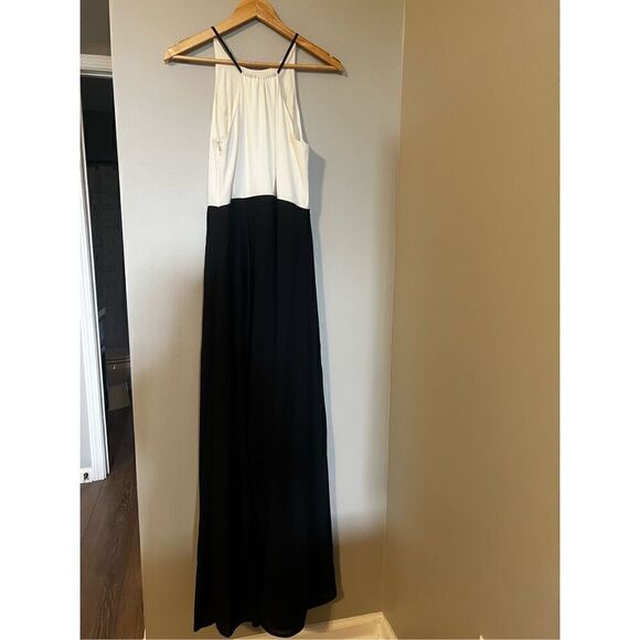 Halston Women’s Size 6 Sleeveless High Neck Maxi Dress Black Cream Side Zip - Picture 5 of 11